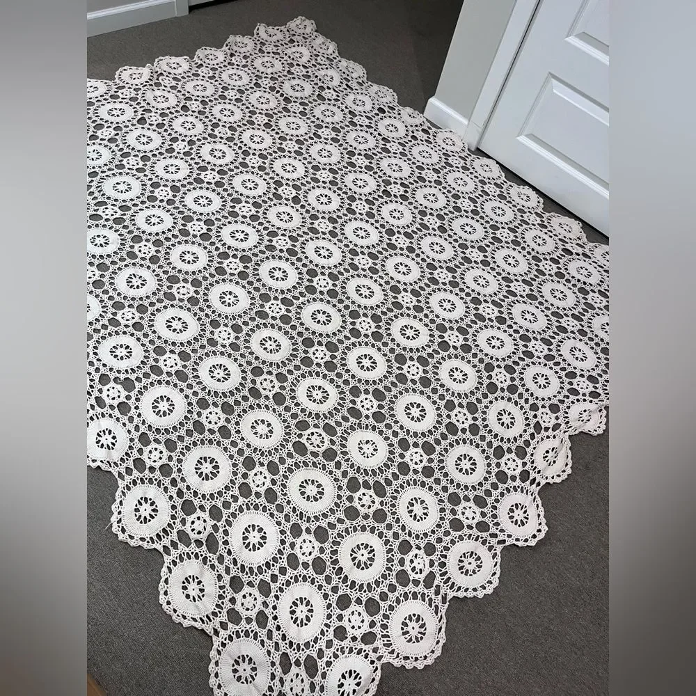 Vintage Hand Crocheted Grandma's Tablecloth, Cotton Handmade White 73x83